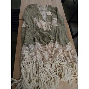 RYU Boho Lace Fringe Cardigan NWT Green Sage Crochet Romantic Cottagecore S